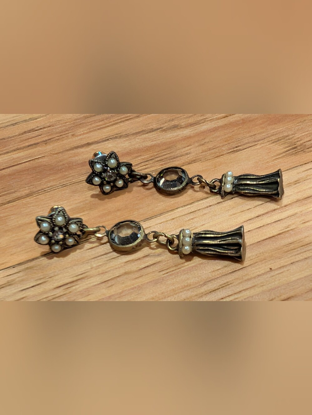 Antique Gold Tone Earrings with White Pearls and Clear Crystals